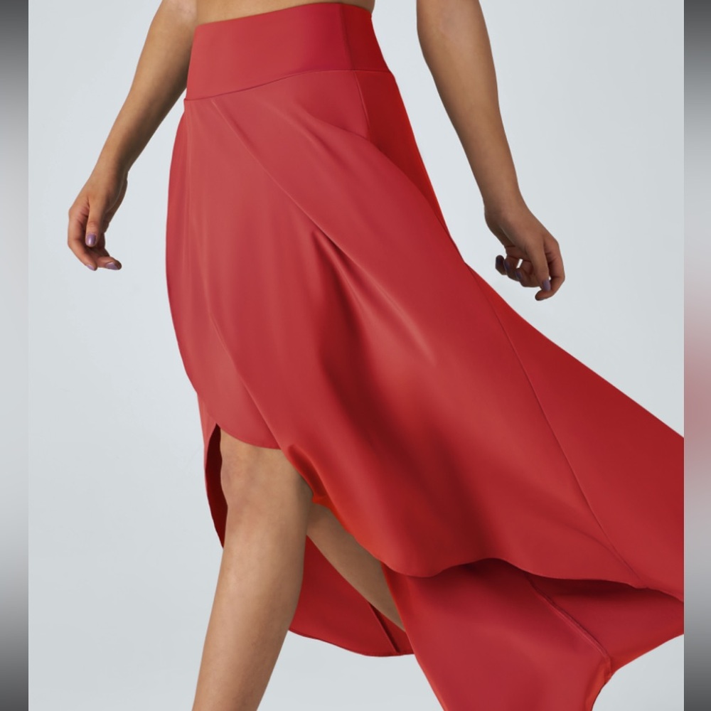 HALARA Red High-Low Asymmetric Midi Skirt, 2 in 1 Flowy Quick Dry Casual Skirt